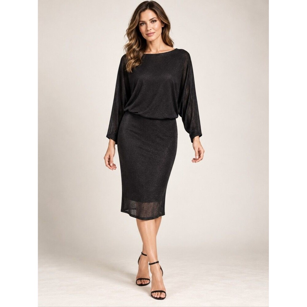 EUC Stunning Nine West women's metallic long sleeve evening cocktail midi dress